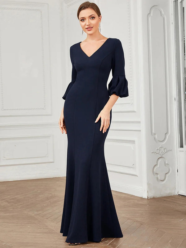 Sexy Fishtail Deep V Neck Puff Sleeves Evening Dresses