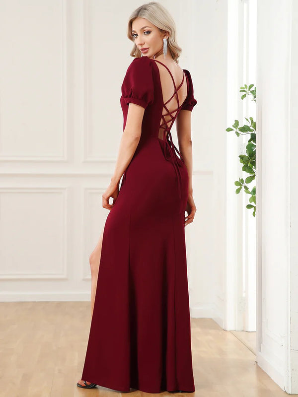 Square Neck Short Puff Sleeves Fishtail Evening Dresses