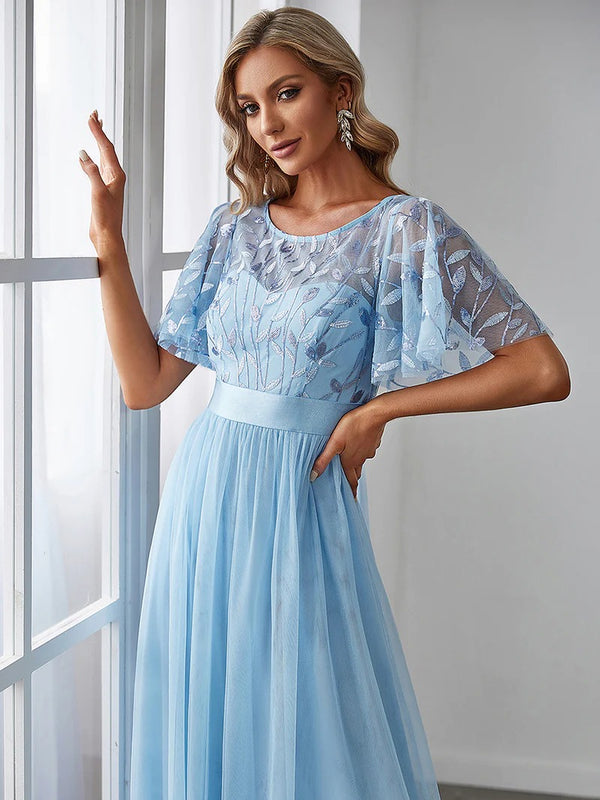 Sequin Print Maxi Long Bridesmaid Dress with Cap Sleeve