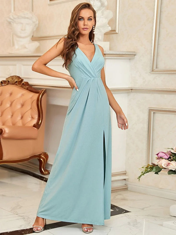 Floor Length V Neck Shimmery Formal Dresses With Side Split