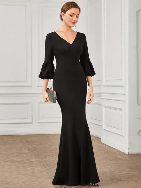 Sexy Fishtail Deep V Neck Puff Sleeves Evening Dresses