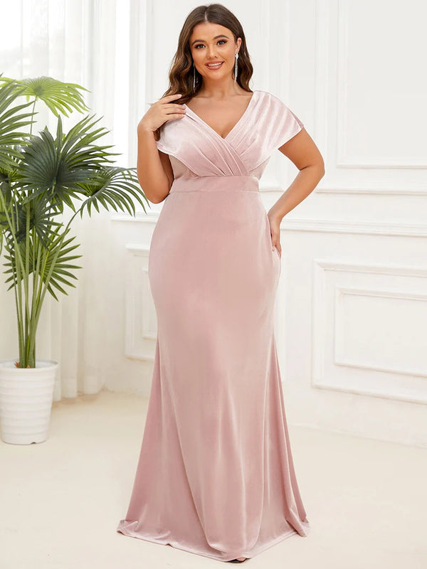 Plus Deep V Neck A Line Evening Dresses with Short Sleeves