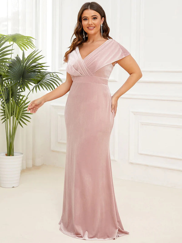 Plus Deep V Neck A Line Evening Dresses with Short Sleeves