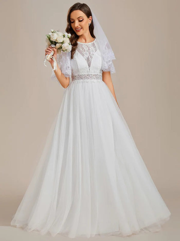 Elegant Hollow Lace Round Neck Wedding Dresses