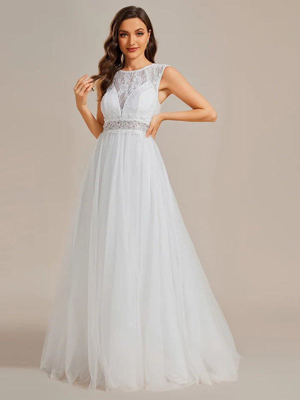 Elegant Hollow Lace Round Neck Wedding Dresses