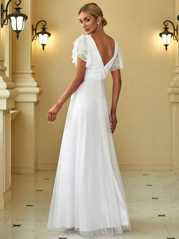 Elegant Maxi Lace Wedding Dress with Ruffle Sleeves