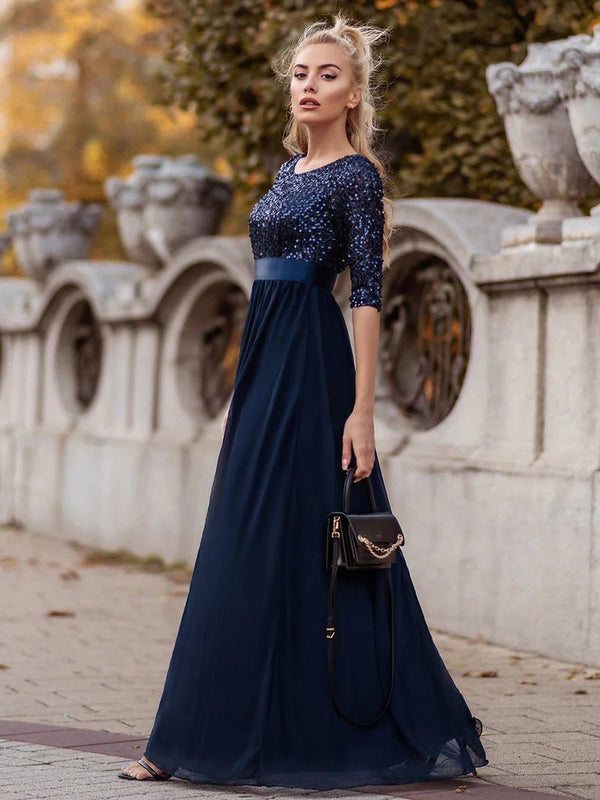 Elegant Round Neckline Sequins Patchwork Evening Dress