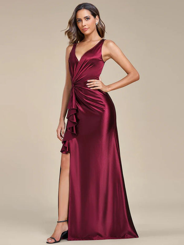 Elegant V Neck Split Ruffles Stain Evening Dresses - CALABRO®