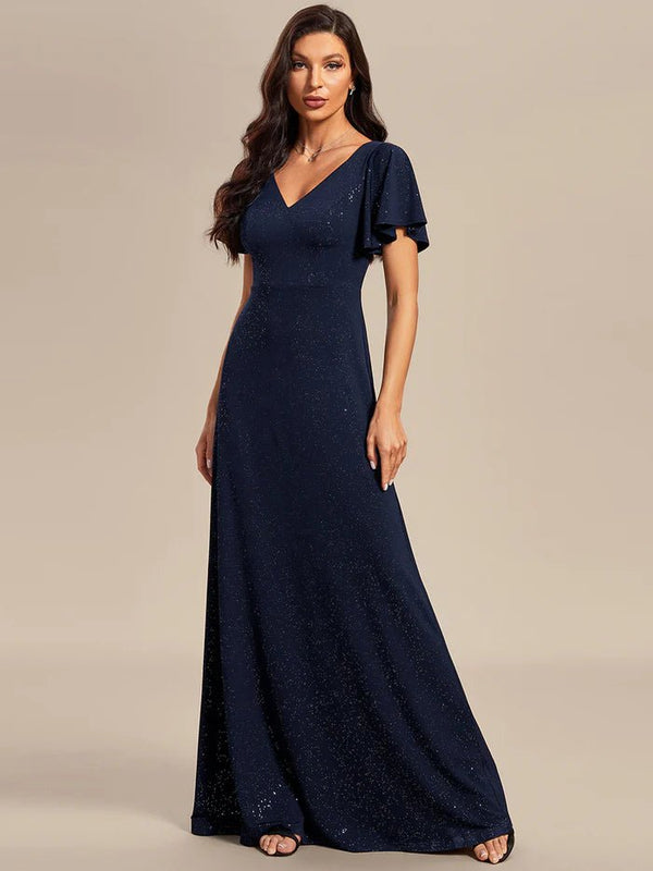 Floor Length Shiny Evening Dresses With Ruffle Sleeves - CALABRO®