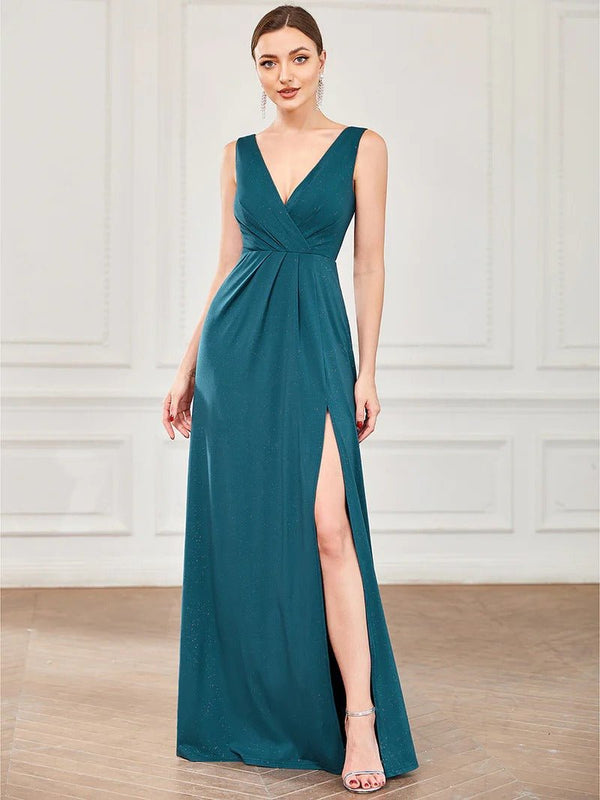 Floor Length V Neck Shimmery Evening Dresses With Side Split - CALABRO®