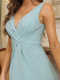 Floor Length V Neck Shimmery Evening Dresses With Side Split - CALABRO®