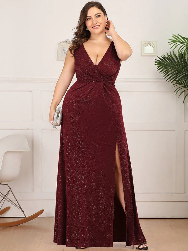Floor Length V Neck Shimmery Plus Size Evening Dresses - CALABRO®