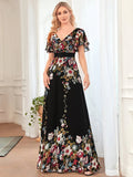 Floral Print V-Neck Butterfly Sleeve Evening Dress - CALABRO®
