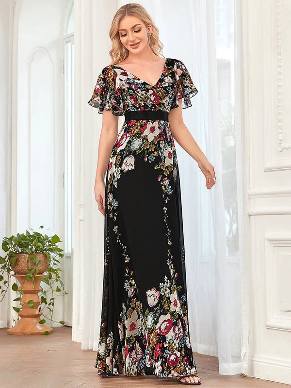 Floral Print V-Neck Butterfly Sleeve Evening Dress - CALABRO®