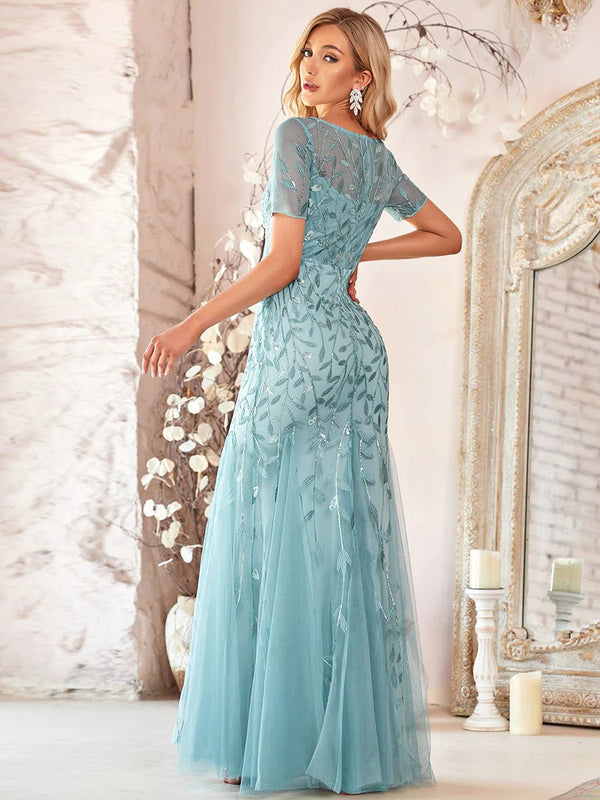 Floral Sequin Print Maxi Long Fishtail Tulle Formal Dresses with Half Sleeve - CALABRO®