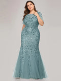 Floral Sequin Print Maxi Long Fishtail Tulle Formal Dresses with Half Sleeve - CALABRO®