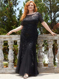Floral Sequin Print Maxi Long Plus Size Mermaid Tulle Dresses - CALABRO®
