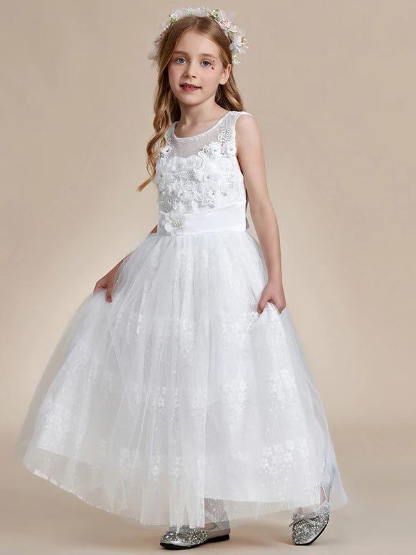 Floral Tulle Applique Princess Flower Girl Dress With Satin Back - CALABRO®