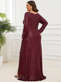 Full Sequin V-Neck Thigh Slit Evening Dress - CALABRO®