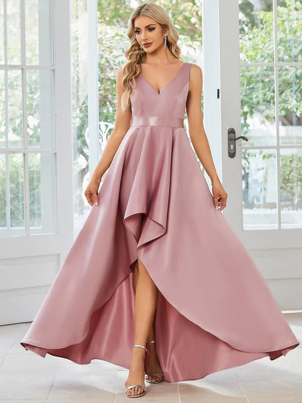 High Low A Line Belted Stain Prom Dresses