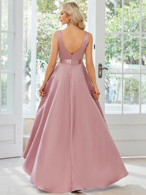 High Low A Line Belted Stain Prom Dresses