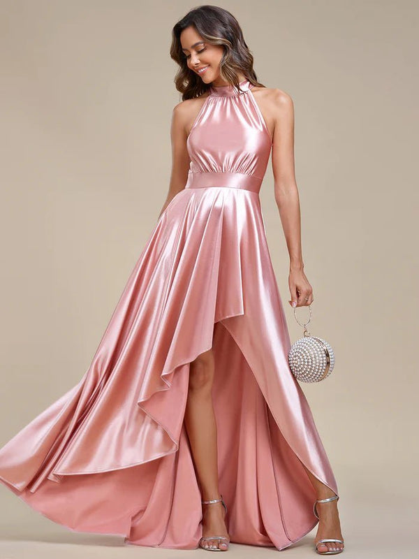 High Low Halter Neck Stain Bridesmaid Dresses - CALABRO®