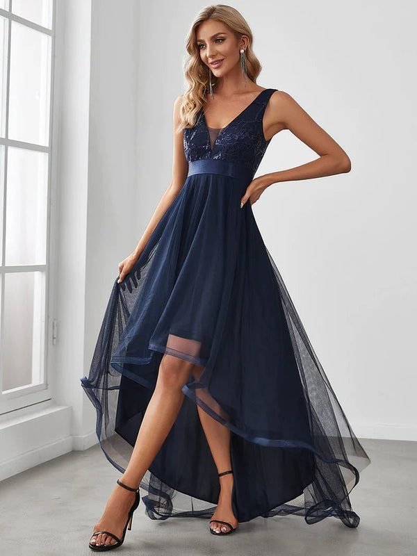 High-Low Tulle Sequin Detail Formal Dress - CALABRO®