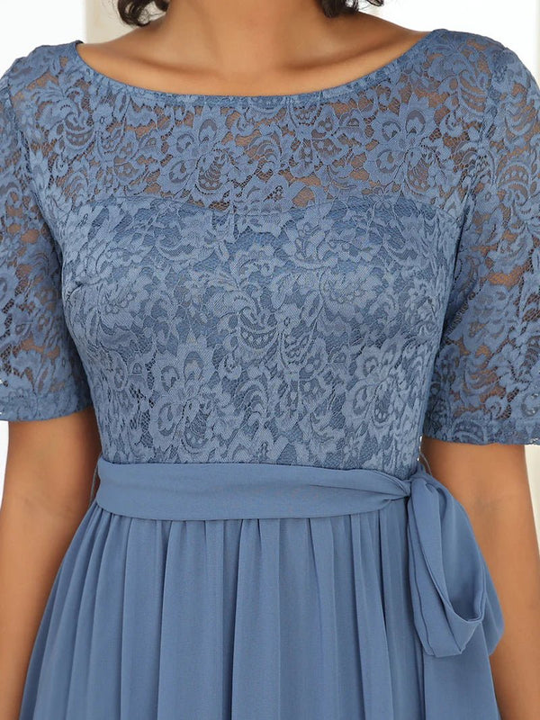 High Neck Lace Short Sleeve Flowy Mother of the Bride Dress