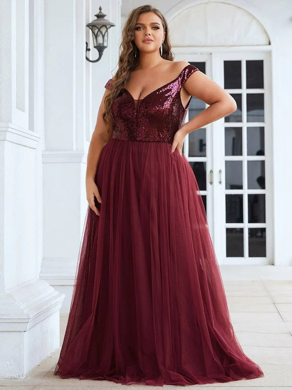 High Waist Tulle & Sequin Sleeveless Evening Dress - CALABRO®