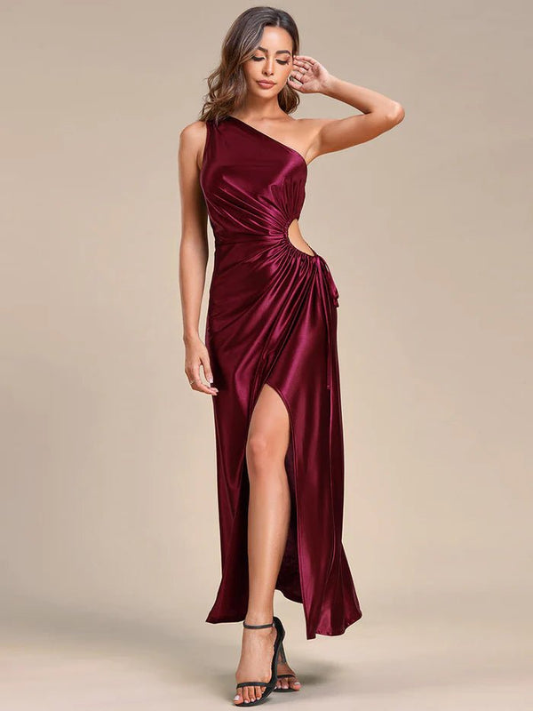 Hot One Shoulder Pleated Bare Waist Stain Evening Dresses