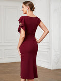 Knee Length Cover Sleeves Round Neck Split Evening Dresses - CALABRO®