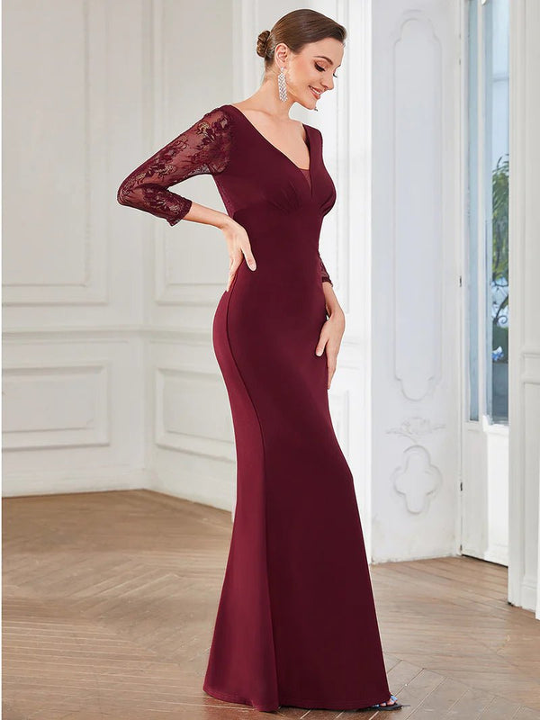 Lace Long Sleeve V-Neck Straight Evening Dress