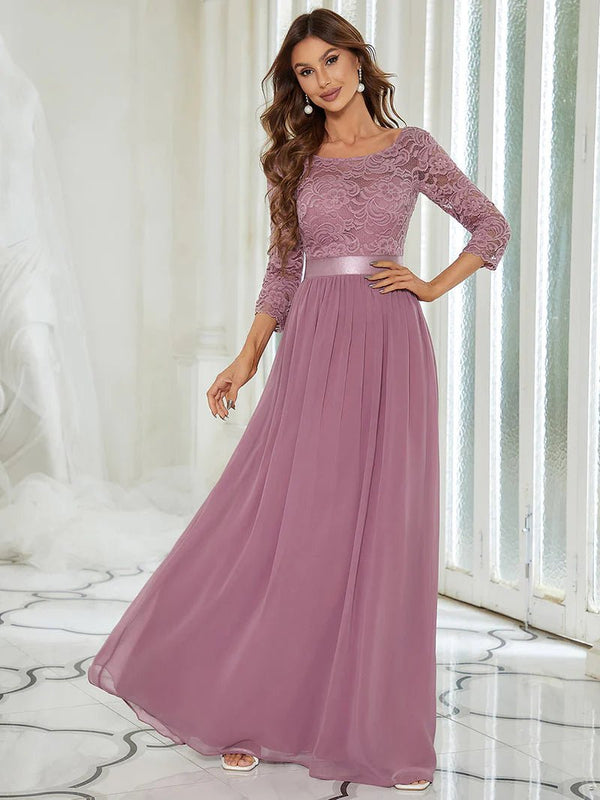 Lace Top Three Quarter Sleeve Flowy Bridesmaid Dress - CALABRO®