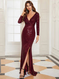 Long Sleeve Sequin V-Neck Evening Dress - CALABRO®