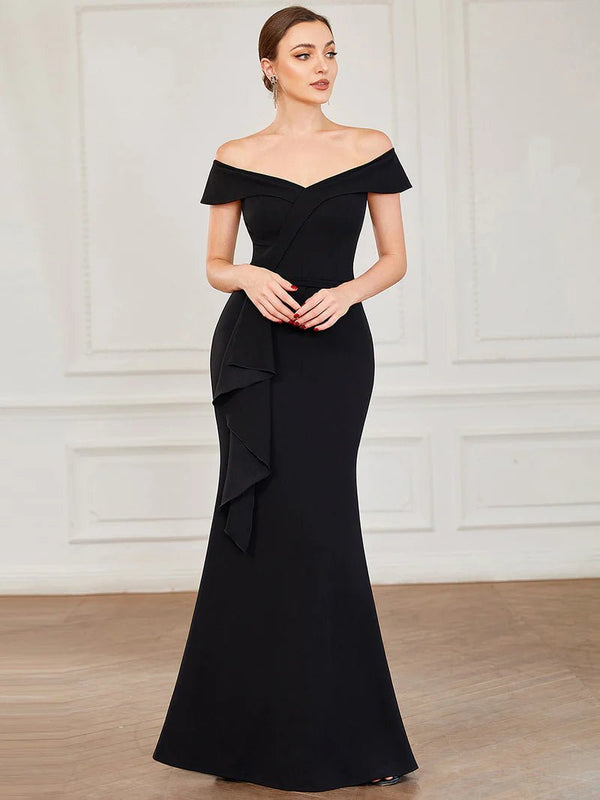 Off-Shoulder Fitted Ruffle Evening Dress - CALABRO®
