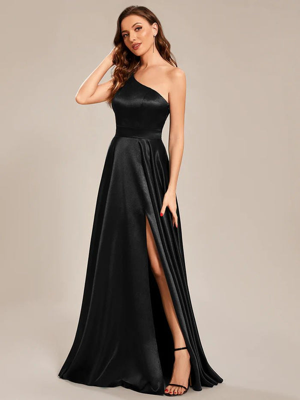 One Shoulder A-Line Floor Length Sleeveless Fit Satin Custom Evening Dress