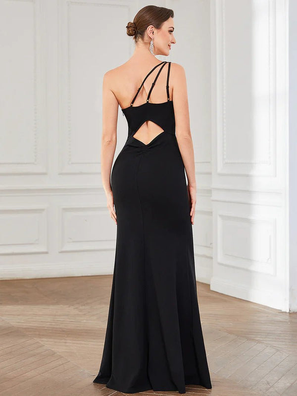 One Shoulder Thigh Slit Fitted Evening Dress