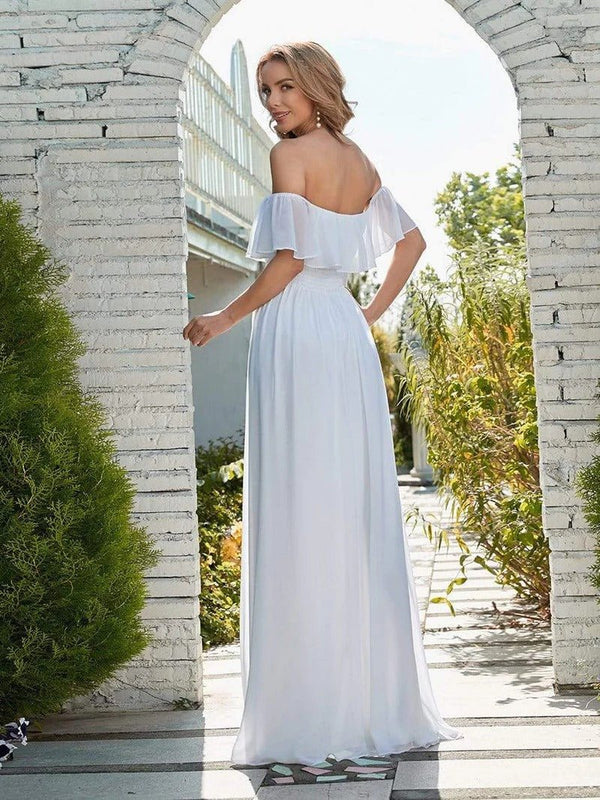 Plain Off Shoulder Chiffon Wedding Dress with Side Split - CALABRO®