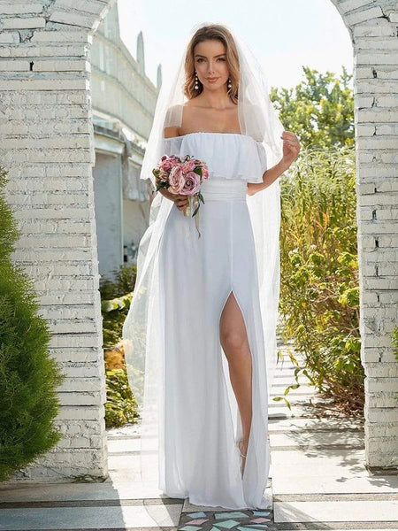 Plain Off Shoulder Chiffon Wedding Dress with Side Split - CALABRO®