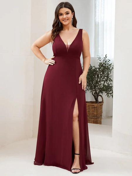Plunging Neckline Fitted Sleeveless Plus Size Evening Dress