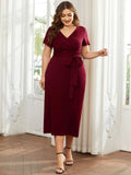 Plus Size Deep V Neck Short Sleeve Cocktail Dresses With Belt - CALABRO®