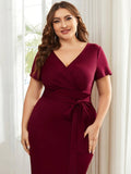 Plus Size Deep V Neck Short Sleeve Cocktail Dresses With Belt - CALABRO®