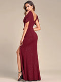 Puff Sleeve V-Neck Fishtail Bodycon Chain Split Shiny Evening Dress - CALABRO®