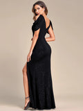 Puff Sleeve V-Neck Fishtail Bodycon Chain Split Shiny Evening Dress - CALABRO®