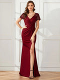 Ruched Belt Evening Dress with Deep-V Side Split Applique - CALABRO®