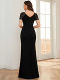 Ruched Belt Evening Dress with Deep-V Side Split Applique - CALABRO®