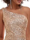 Sequinned One-Shoulder Thigh Slit Evening Dress - CALABRO®