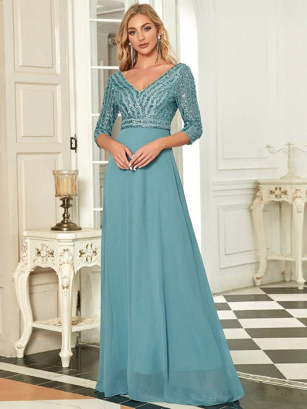 Sexy V Neck A-Line Sequin Evening Dresses With 3/4 Sleeve - CALABRO®