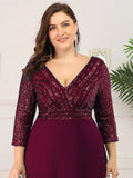 Sexy V Neck Pretty A-Line Sequin Evening Dresses With 3/4 Sleeve - CALABRO®