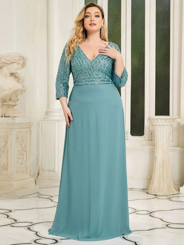 Sexy V Neck Pretty A-Line Sequin Evening Dresses With 3/4 Sleeve - CALABRO®